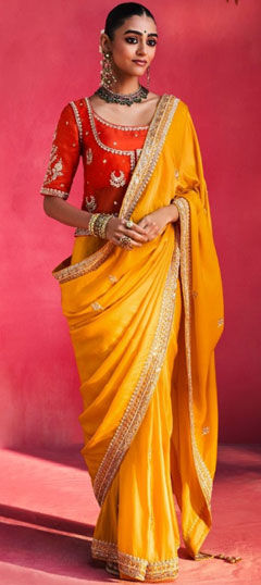 Orange, Yellow color Saree in Silk fabric with Embroidered, Sequence, Stone, Thread work