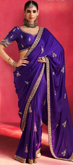 Blue color Saree in Silk fabric with Embroidered, Sequence, Stone, Thread work