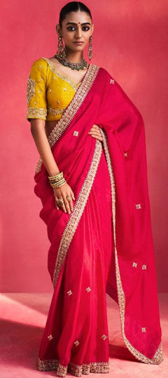 Pink and Majenta, Yellow color Saree in Silk fabric with Embroidered, Sequence, Stone, Thread work