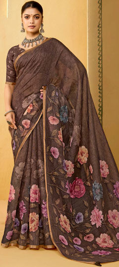 Black and Grey color Saree in Silk fabric with Floral, Printed work