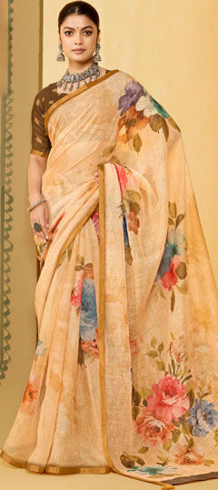 Beige and Brown color Saree in Silk fabric with Floral, Printed work