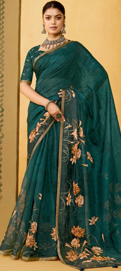 Blue color Saree in Silk fabric with Floral, Printed work