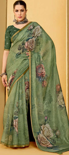 Green color Saree in Silk fabric with Floral, Printed work