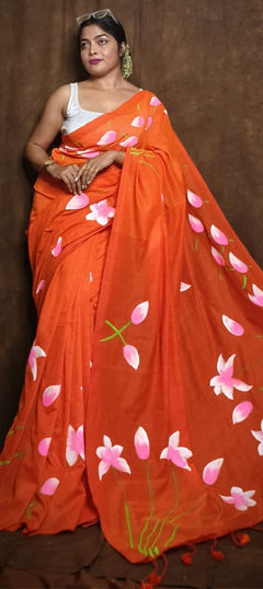 Beige and Brown color Saree in Cotton fabric with Floral, Printed work