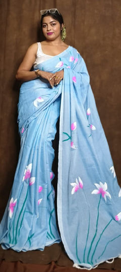 Blue color Saree in Cotton fabric with Floral, Printed work