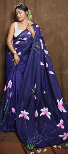 Blue color Saree in Cotton fabric with Floral, Printed work
