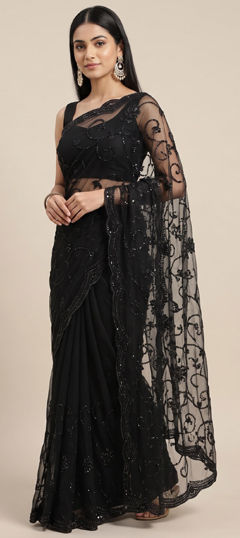 Black and Grey color Saree in Net fabric with Bugle Beads, Embroidered, Floral, Moti, Sequence work