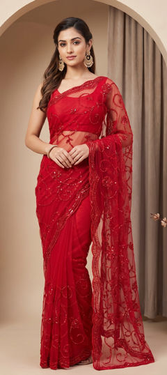 Red and Maroon color Saree in Net fabric with Bugle Beads, Embroidered, Floral, Moti work