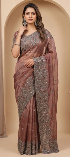 Pink and Majenta color Saree in Chinon Silk fabric with Bugle Beads, Embroidered, Moti, Sequence work