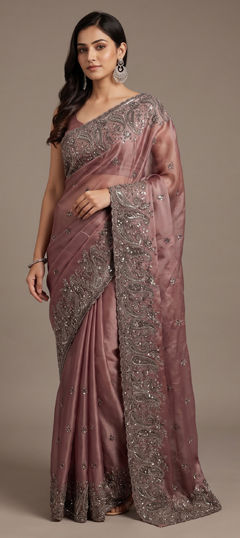 Purple and Violet color Saree in Chinon Silk fabric with Bugle Beads, Embroidered, Moti, Sequence work