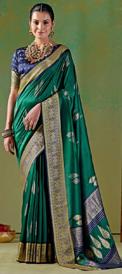 Green color Saree in Silk fabric with Weaving work