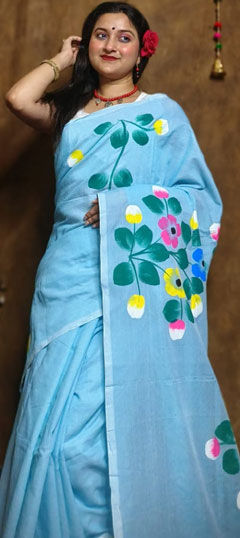 Blue color Saree in Cotton Flex fabric with Floral, Printed work