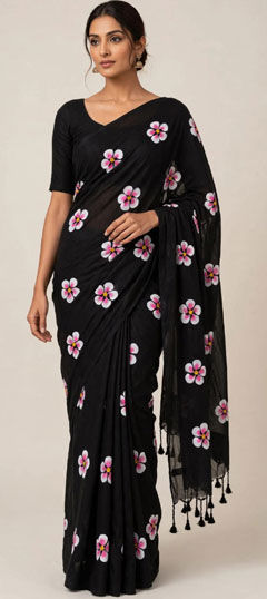 Black and Grey color Saree in Cotton fabric with Floral, Printed work