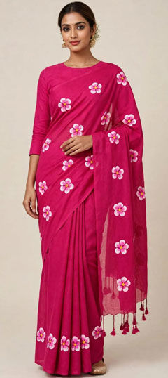 Pink and Majenta color Saree in Cotton fabric with Floral, Printed work