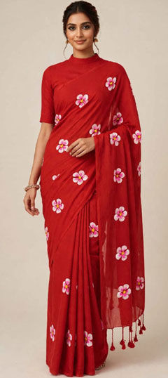 Beige and Brown color Saree in Cotton fabric with Floral, Printed work