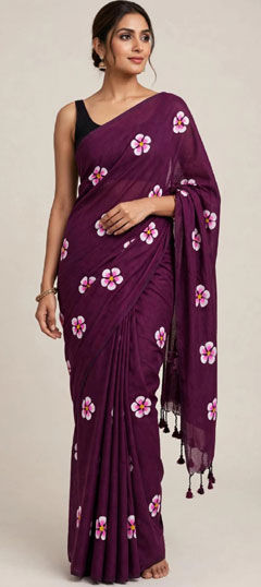 Purple and Violet color Saree in Cotton fabric with Floral, Printed work