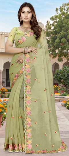 Green color Saree in Silk fabric with Embroidered, Resham work