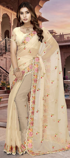Beige and Brown color Saree in Silk fabric with Embroidered, Resham work