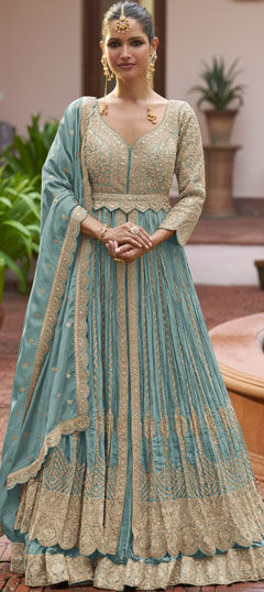 Blue color Gown in Chinon Silk fabric with Embroidered, Sequence, Thread, Zari work