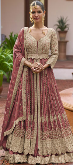 Pink and Majenta color Gown in Chinon Silk fabric with Embroidered, Sequence, Thread, Zari work
