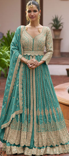 Blue color Gown in Chinon Silk fabric with Embroidered, Sequence, Thread, Zari work