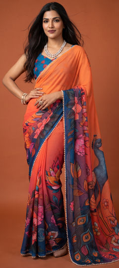Orange color Saree in Georgette fabric with Digital Print, Floral, Lace, Moti work