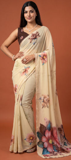 Beige and Brown color Saree in Georgette fabric with Digital Print, Floral, Lace, Moti, Printed work