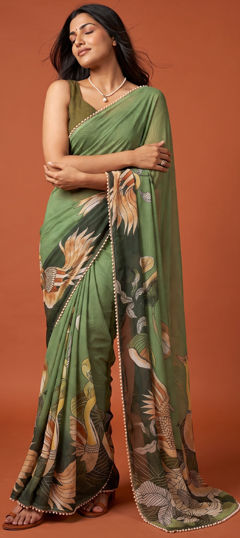 Green color Saree in Georgette fabric with Digital Print, Floral, Lace, Moti, Printed work