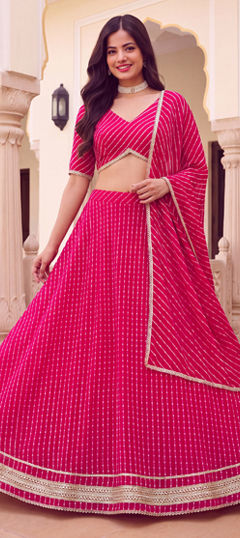 Pink and Majenta color Lehenga in Georgette fabric with Lace, Lehariya, Printed work