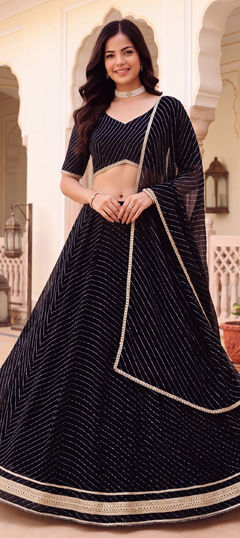 Black and Grey color Lehenga in Georgette fabric with Lace, Lehariya, Printed work