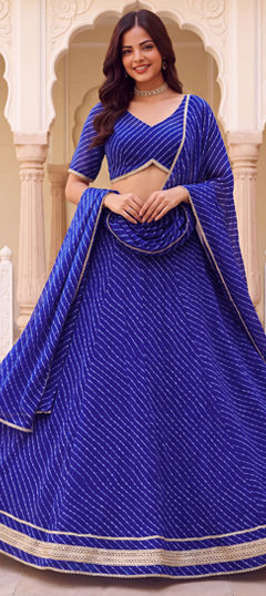 Blue color Lehenga in Georgette fabric with Lace, Lehariya, Printed work