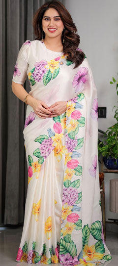 Beige and Brown color Saree in Georgette fabric with Floral, Printed work