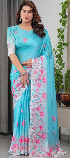 Blue color Saree in Georgette fabric with Floral, Printed work