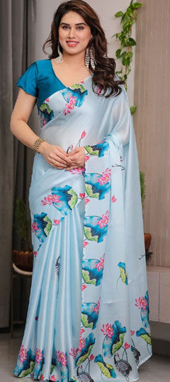 Blue color Saree in Georgette fabric with Floral, Printed work