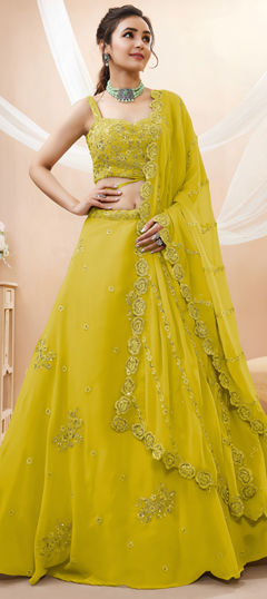 Yellow color Lehenga in Georgette fabric with Embroidered, Sequence, Thread, Zari work