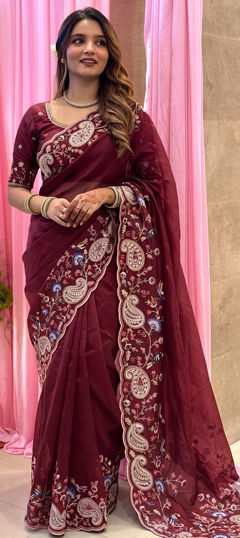 Red and Maroon color Saree in Silk fabric with Embroidered work