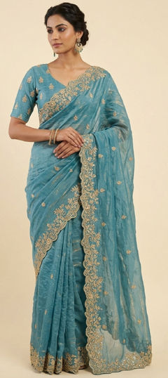 Blue color Saree in Satin Silk fabric with Sequence, Zari work