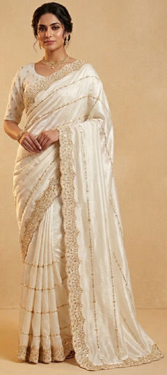 White and Off White color Saree in Satin Silk fabric with Sequence, Zari work