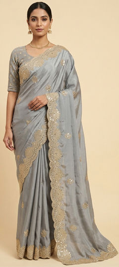 Black and Grey color Saree in Satin Silk fabric with Sequence, Zari work