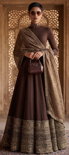 Beige and Brown color Lehenga in Silk fabric with Embroidered work