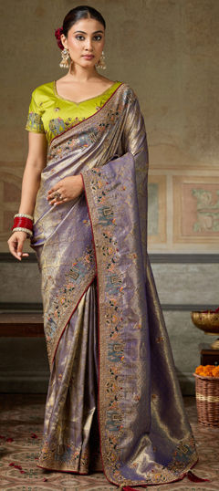 Purple and Violet color Saree in Banarasi Silk fabric with Embroidered, Thread, Zari, Zircon work