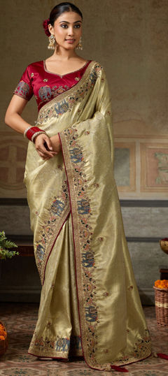 Beige and Brown color Saree in Banarasi Silk fabric with Embroidered, Thread, Zari, Zircon work