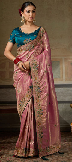 Pink and Majenta color Saree in Banarasi Silk fabric with Embroidered, Thread, Zari, Zircon work