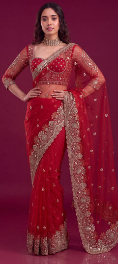 Red and Maroon color Saree in Net fabric with Embroidered, Sequence work
