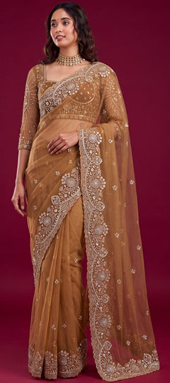 Beige and Brown color Saree in Net fabric with Embroidered, Sequence work
