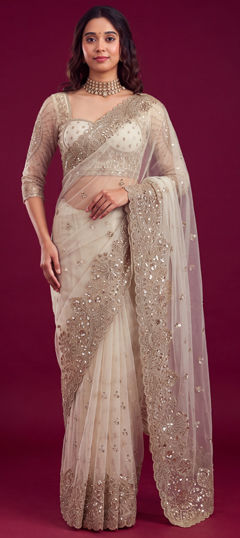 Beige and Brown color Saree in Net fabric with Embroidered, Sequence work