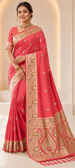 Orange color Saree in Banarasi Silk fabric with Weaving, Zari work