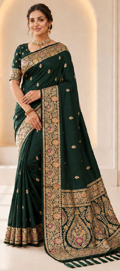 Green color Saree in Banarasi Silk fabric with Weaving, Zari work