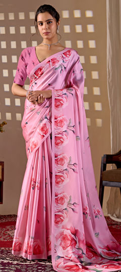 Pink and Majenta color Saree in Satin Silk fabric with Floral, Printed work