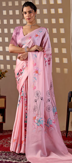 Pink and Majenta color Saree in Satin Silk fabric with Floral, Printed work